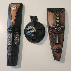 Set of 3 Real Wood, Hand Carved African Masks Made in Ghana/Ghanaian